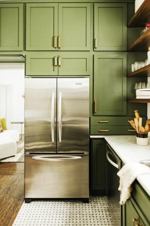 nápady zelené kuchyňské linky, olivová